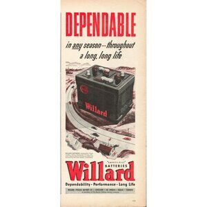 1946 Willard "Safety Fill" Batteries Vintage Print Ad (L7)